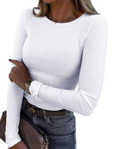 lot 90747 image: Roselux Womens Long Sleeve Stretch Crewneck Ribbed T-Shirt Fitted Casual Basic Tops(3922,White-XL)