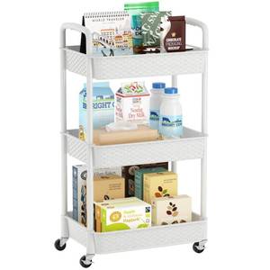 lot 90755 image: MOYIPIN 3-Tier Plastic Rolling Cart with Handle,Utility Storage Cart with Office, Living Room, Kitchen,Movable Storage Organizer Shelves,White