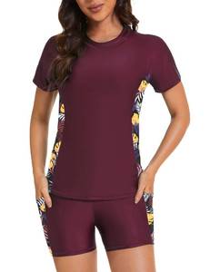 lot 90760 image: Tournesol Womens Rash Guard 2 Piece Short Sleeve Swim Shirt with Shorts Swimsuit with Bra Bathing Suit Plus Size with Pocket XL