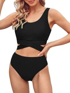 lot 90761 image: ZAFUL Womens Scoop Neck High Waisted Bikini Set Wrap Criss Cross Bandage Swimsuits Sporty Two Piece Bathing Suit Black Large