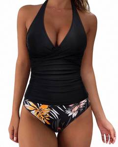 lot 90762 image: SUUKSESS Women Sexy Halter Tankini Bathing Suits Slimming Tummy Control High Waisted Swimsuits 2 Piece (Retro Black Floral, Small)