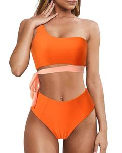 lot 90763 image: MOOSLOVER Women One Shoulder High Waisted Bikini Tie High Cut Two Piece Swimsuits(Small,Orange)