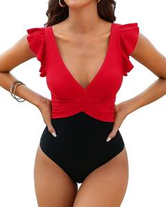 lot 90764 image: Charmo Color Block Ruffle Sleeve One Piece Swimwear Womens V Neck Tummy Control Ruched 1 Piece Bathing Suit Red and Black Large