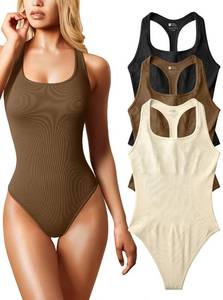 lot 90768 image: GXIN Womens 3 Piece Bodysuits Sexy Ribbed Sleeveless Square Neck Racerback Tank Tops Bodysuits Black Coffee Beige Medium