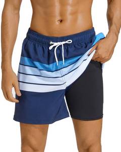 lot 90774 image: SILKWORLD Mens Swimming Trunks with Compression Liner Quick-Dry Bathing Suit with Zipper Pockets,Navy Stripe,Small