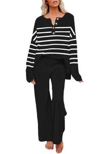 lot 90776 image: Pink Queen 2 Piece Outfits For Women Trendy Pullover Knit Sweater Tops Sweatpants Fall Pajama Set Black Stripe Small