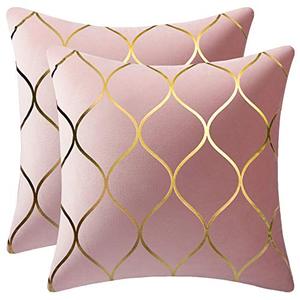 lot 90783 image: DEZENE Gold Velvet Throw Pillow Covers 2 Pack 16x16 Inch Square Decorative Pillow Cases for Bedroom Sofa Couch Living Room, Pink