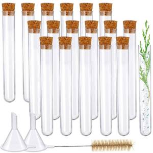 lot 90785 image: Weewooday 20 Pieces Plastic Test Tubes with Cork Stoppers and 2 Funnels, 1 Brush for Halloween Science Party, Christmas Candy Bath Salt Storage Containers (15 x 100 mm, 10 ml)