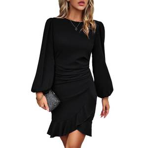 lot 90787 image: YNIQUE Womens Cocktail Dress Ruffle Hem Formal Dress Lantern Sleeve Work Casual Club Party Slim Short Mini Dress Black XL