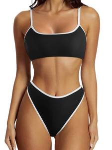lot 90797 image: SUUKSESS Women High Waisted Two Piece Bikini Sets Cheeky High Cut Bandeau Swimsuits Push Up Bathing Suit(Black and White,Large)