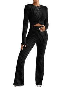 lot 90802 image: WDIRARA Womens 2 Piece Ribbed Knit Outfit Twist Front Stretch Round Neck Long Sleeve Tee and Flare Leg Pants Set Black Medium