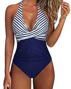 lot 91172 image: SUUKSESS Women Sexy Tummy Control One Piece Swimsuits Halter Push Up Monokini Bathing Suits (White Blue Striped, L)