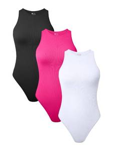 lot 91173 image: TOB Womens 3 Piece Bodysuits Sexy Ribbed Sleeveless Halter Neck Shapewear Bodysuits Black Pitaya-pink White