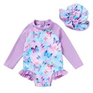 lot 91177 image: Infant Baby Girl Swimsuit One-Piece Long Sleeve Rash Guard with Hat Set Floral Zipper Bathing Suit Leopard Beach Wear(Purple Butterfly, 0-3M)