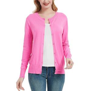 lot 91181 image: Womens Crew Neck Button Down Long Sleeve Cardigan Sweater Pink