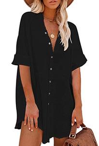 lot 91190 image: Pink Queen Women V Neck Casual Loose Button Down Blouse Tunic Shirt Short Dress Beach Cover Up Black XL