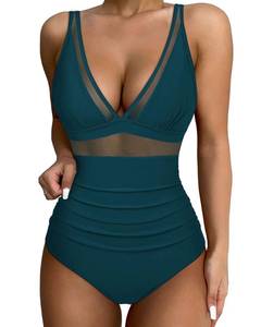 lot 91211 image: SUUKSESS Women Slimming Tummy Control One Piece Swimsuits Sexy Mesh High Waisted Monokini Bathing Suits (Peacock Blue, XXL)