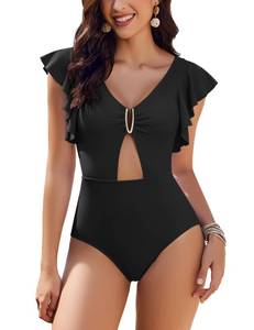 lot 91213 image: AIMAGE Womens One Piece Swimsuit Tummy Control Cutout Ruffle Bathing Suits 2024 Swimming Suit, Black L