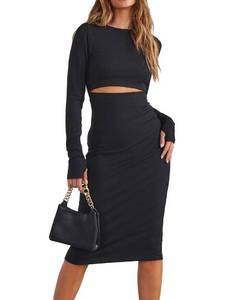 lot 91217 image: INFITTY Bodycon Dresses Long Sleeve Club Cutout Slim Fit Ribbed Knitted Going Out Formal Dress for Women with Hole Black L