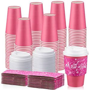 lot 91234 image: Zopeal 100 Sets Disposable Coffee Cups with Lids and Sleeves 12oz Bright Pink Paper Party Cups for Hot and Cold Beverage Bachelorette Party Wedding Bride Shower Supplies