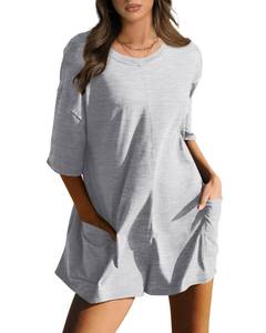 lot 91240 image: Aokosor Summer Outfits 2024 Travel Oversized Jumper for Women Ribbed Short Sleeve Rompers Black M