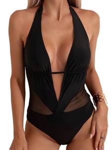 lot 91245 image: WDIRARA Womens Cut Out Mesh Backless Halter Neck Tie Back One Piece Swimsuit Monokini Bathing Suit Black Large