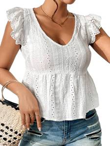 lot 91249 image: Verdusa Womens Casual V Neck Sleeveless Top Eyelet Embroidery Butterfly Sleeve Peplum Blouse White Small