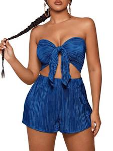 lot 91255 image: OYOANGLE Womens Textured 2 Piece Outfits Tie Front Ruched Crop Tube Top and Elastic Waist Shorts Set Royal Blue Medium