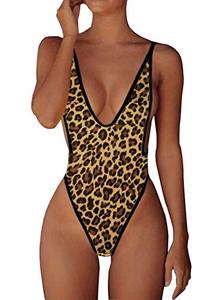 lot 91257 image: ALLureLove Swimsuits for Women Sexy Monokini Deep V One Piece Bathing suits Backless Cheeky Swimwear Semi Thong Bikini (Medium, Leopard-2)