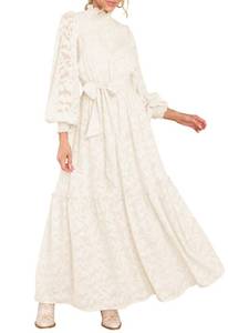 lot 91258 image: MITILLY Womens Fall Dresses Elegant Floral High Neck Long Sleeve Elastic Waist Formal Maxi Dress with Belt X-Large Beige New