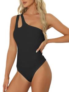lot 91259 image: Allegra K Bodysuit Tank Tops for Womens One Shoulder Sexy Slim Fit Ribbed Body Suits Small Black