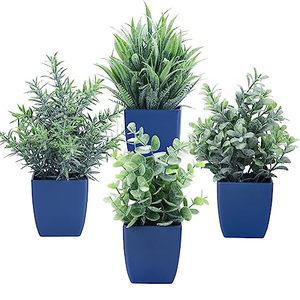 lot 91271 image: summer flower Set of 4 Fake Plants in Pot,Small Artificial Eucalyptus Potted Plant,Mini Wheat GrassFerns Faux Plants Greenery for Home Indoor Office Table Bathroom Farmhouse Decoration (Blue)