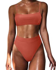 lot 91274 image: MOSHENGQI Women High Waisted High Cut Bikini Push Up Bandeau Swimsuits (S, Coral Pink)