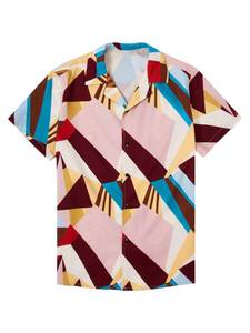 lot 91279 image: OYOANGLE Mens Casual Geo Graphic Print Short Sleeve Button Down Shirt Top Beach Shirts Blue Yellow XL