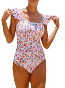 lot 91280 image: Hilinker Womens Ruffle Shoulder One Piece Bathing Suit Belted Leopard Color Block Swimsuit (XX-Large, White)