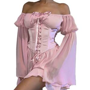 lot 91285 image: ETATNG Womens Two-Piece Set Corset Dress Off Shoulder Bell Sleeve Summer Lace Up Party Mini Dress Pink XL