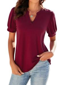 lot 91286 image: Neineiwu Women Summer Casual Split V Neckline Blouses Loose Tunic Puff Short Sleeve Tops (Wine red L)