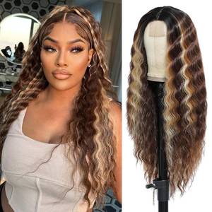 lot 91297 image: Long Deep Wave Wig Brown Mixed Blonde Middle Part Wig Highlights Synthetic Wig Natural Crimps Curly Lace Front Wigs for Women Hair Replacement Wigs 28