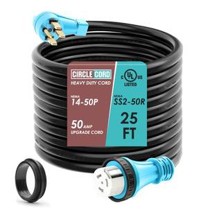 lot 91301 image: CircleCord UL Listed 50 Amp 25 Feet RVGenerator Cord with Locking Connector, Heavy Duty 6381 Gauge STW Wire, 14-50P Male and SS2-50R Twist Locking Female for RV Camper and Generator to House - Retail $129.8