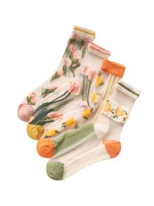 lot 91303 image: OYOANGLE Womens 4 Pairs Floral Pattern Sheer Crew Socks See Through Midi Socks Multicolor one-size