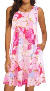 lot 91306 image: Summer Dresses for Women 2024 Casual Sundresses Beach Cover Ups Sleeveless Tshirt Swing Dress with Pockets Small Pink Stitching