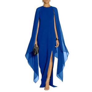 lot 91309 image: MAYFASEY Womens Elegant High Split Flared Sleeve Long Formal Evening Gown Dress with Cape Blue XL