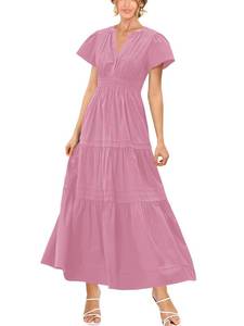 lot 91316 image: Doshoop Womens Summer V Neck Maxi Dress Casual Ruffle Short Sleeve Tiered Flowy Boho Beach Long Dresses Pink