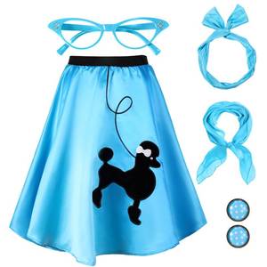 lot 91323 image: Hicarer 5 Pcs 50s Women Halloween Costume 1950 Poodle Skirt Sock Hop Accessory Outfit Scarf Glasses Bandana Headband Earring(Lake Blue, Adult,Medium)