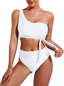 lot 91330 image: Pink Queen Womens One Shoulder High Waisted Bikini Set Tie High Leg Two Piece Swimsuit Bathing Suit White XL