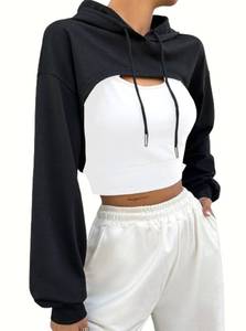 lot 91334 image: Hilinker Womens Long Sleeve Cropped Hoodie Workout Drawstring Super Crop Tops Black Large