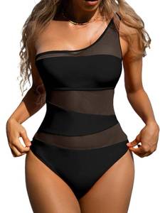 lot 91335 image: BIKINX Sexy One Piece Swimsuit for Women One Shoulder Monokini Bathing Suits Tummy Control Mesh Swimwear Black