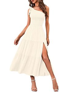 lot 91352 image: MEROKEETY Summer One Shoulder Smocked Midi Dresses for Women Bohemian Sexy Slit Flowy Party Dress,Navy,S