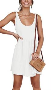 lot 91361 image: CNJFJ Womens Summer Shoulder Tie Strap Babydoll Dress Casual Scoop Neck A-Line Skater Swing Mini Sundress (Cold White, Medium)