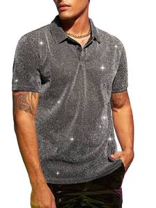 lot 91363 image: WDIRARA Mens Metallic Mesh V Neck Short Sleeve Sheer Top Golf Polo Shirts Partywear Grey M